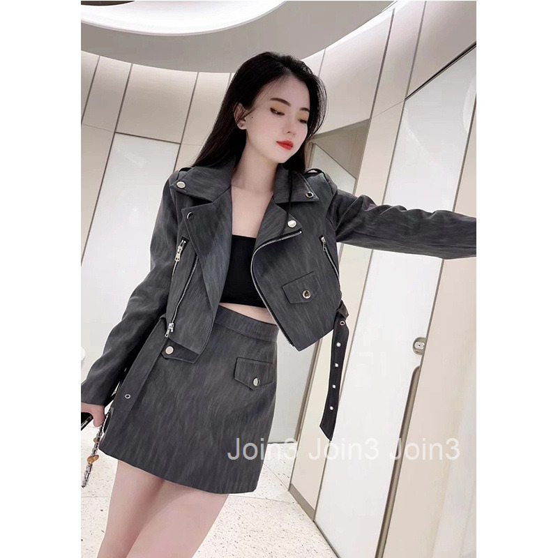 Autumn Winter New Style Elegant French Design Motorcycle Style Suit Collar Short Jacket + High Waist Short Skirt Set for Women
