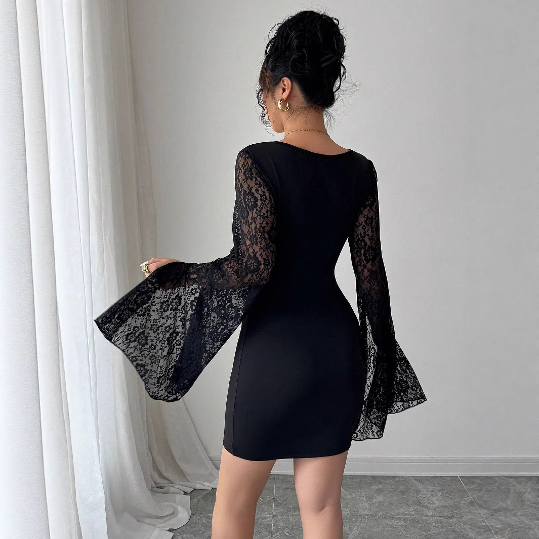 2025 Autumn New Bell Sleeve Split Solid Color Lace Patchwork Square Neck Bodycon Dress