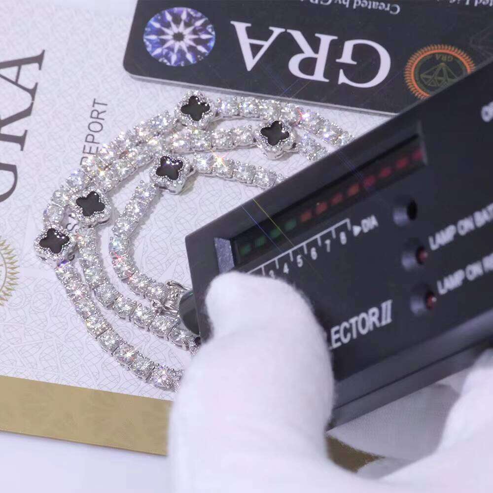 New Arrival Sterling Sier Hip Hop VVS Moissanite 4mm Clover Tennis Chain Necklace Gold Plated Fashion Gift