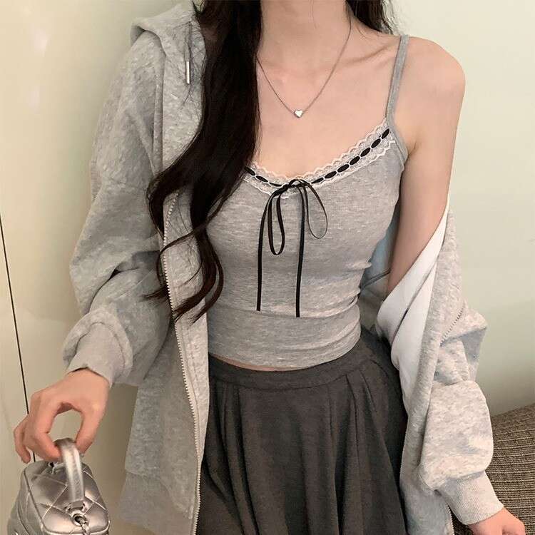 Designer T Shirt Pure Desire Lace Trim Camisole With Chest Pads For Women, Sweet And Spicy Bowknot Short Top For Inner And Outer Wear