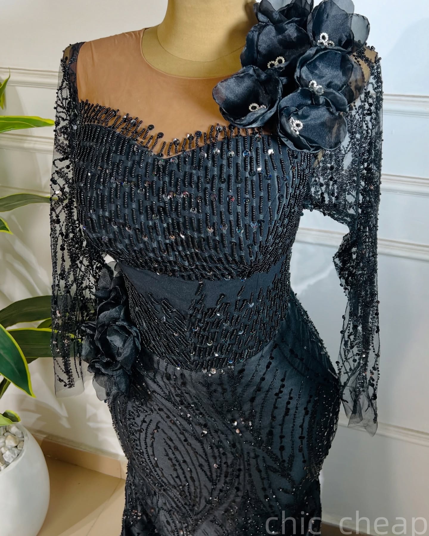 Black Mermaid Prom Dresses 2025 Beaded Flowers Sheer Neck Evening Formal Party Second Birthday Engagement Gowns Plus Size Dress For Special Occasions 