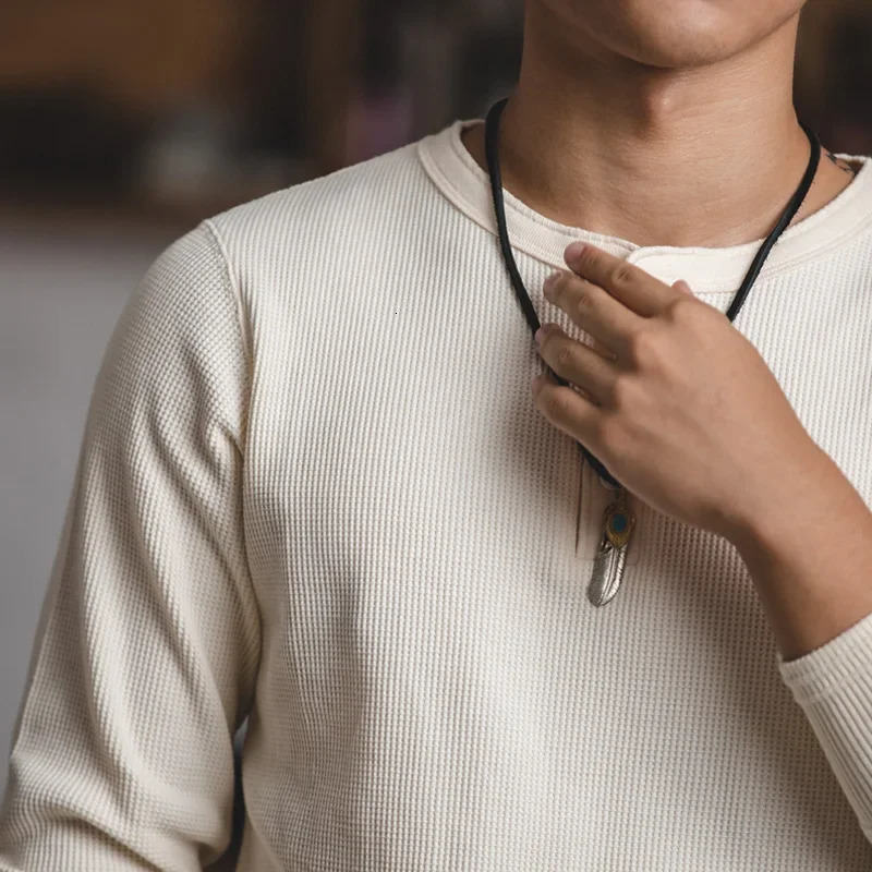 Mens Casual Heavyweight Beige Waffle Henry Tshirt Longsleeved Pullover for Spring Versatile Tshirts Basic Inner Layers 250729