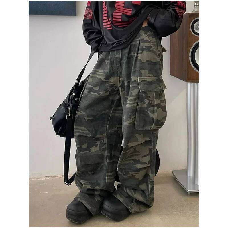 Military Green Womens Jeans High Waist Vintage Straight Baggy Y2K Pants Hip Hop American Fashion Wide Leg Denim Trouser