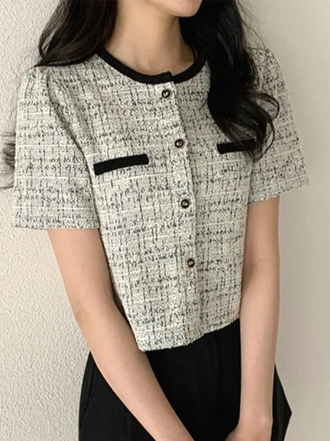 ort Coat Korean Sle Coarse Tweed Womens Summer Round Ne Svel Outerwear Ele Quali Small Size Fit 250729