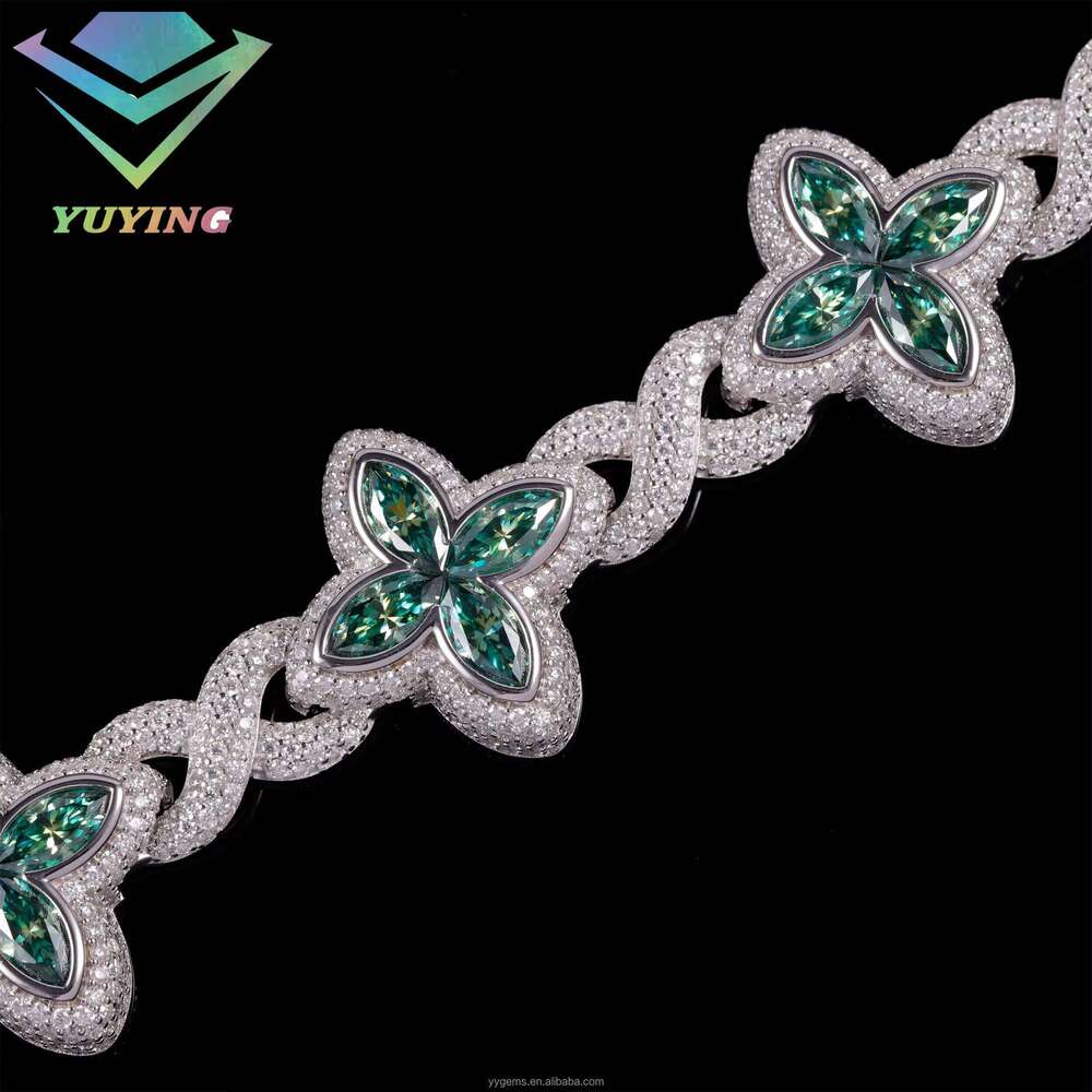 Jewelry Clover Green Dia Sterling Sier Gold Plated Cuban Moissanite Bracelet with GRA Certificate