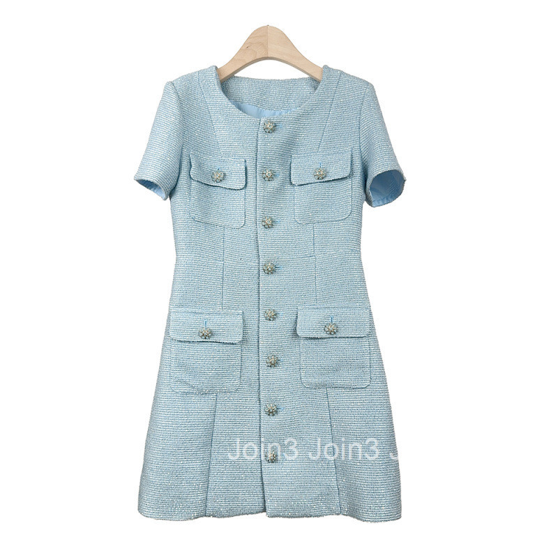 25 Summer Autumn New French Style Sequin Silver Thread High J-Sense Elegant Waist-Slimming Short Sleeve Dress Short Skirt