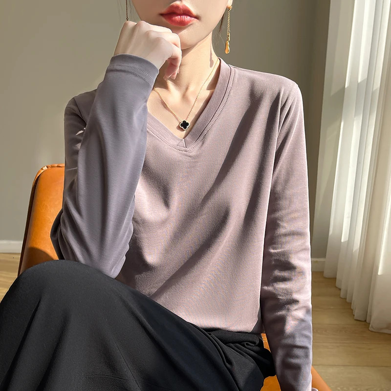 100% Mercerized Cotton VNeck TShirt Womens Long Sleeve Loose Plus Size Solid Color Base Shirt 250729