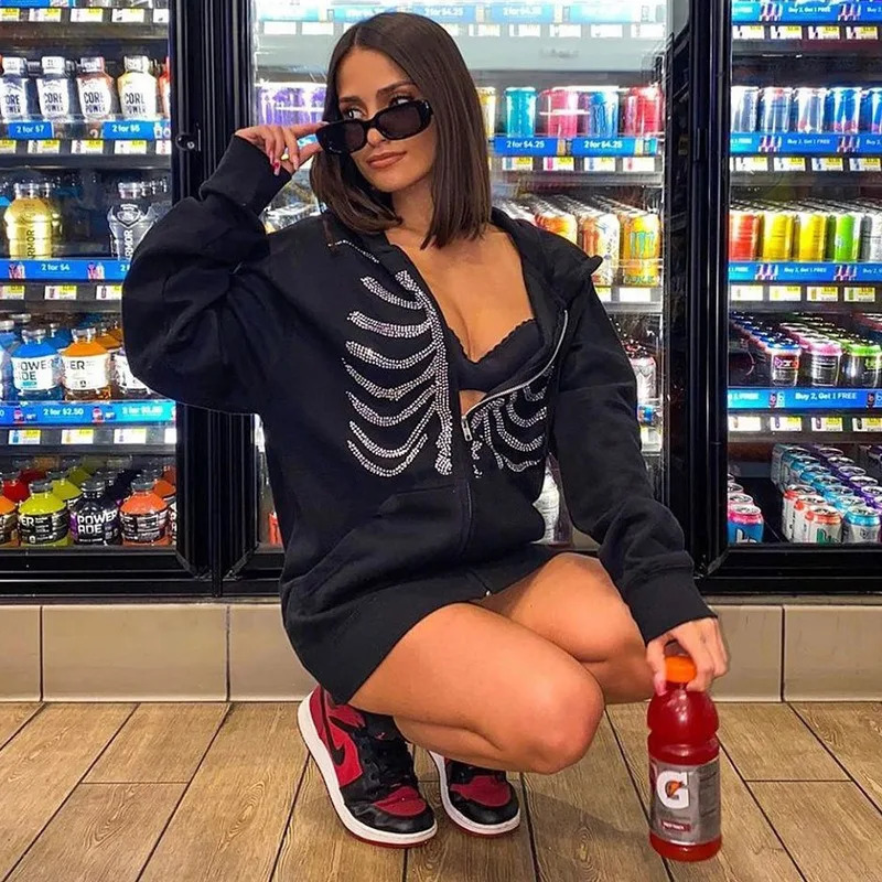 2K Rhinestone Skeleton Hoodies Women Gothic Black Zip Up Oversized Sweatshirts Female Retro Harajuku Hooded Jacket Streetwear 250729