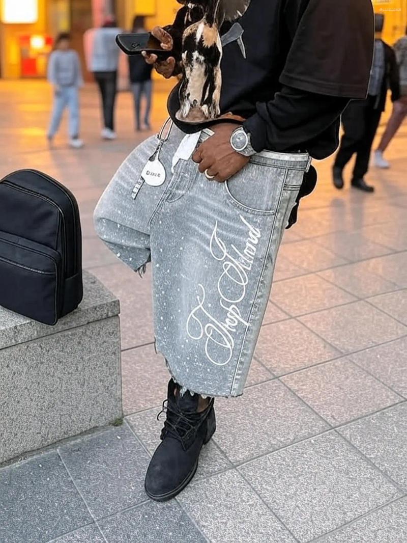 Men's Shorts Vintage Washed Rhinestone Denim Jeans Hip Hop Letter Embroidery Sequin Shiny Baggy Short Low Waist Over The Knee Pant