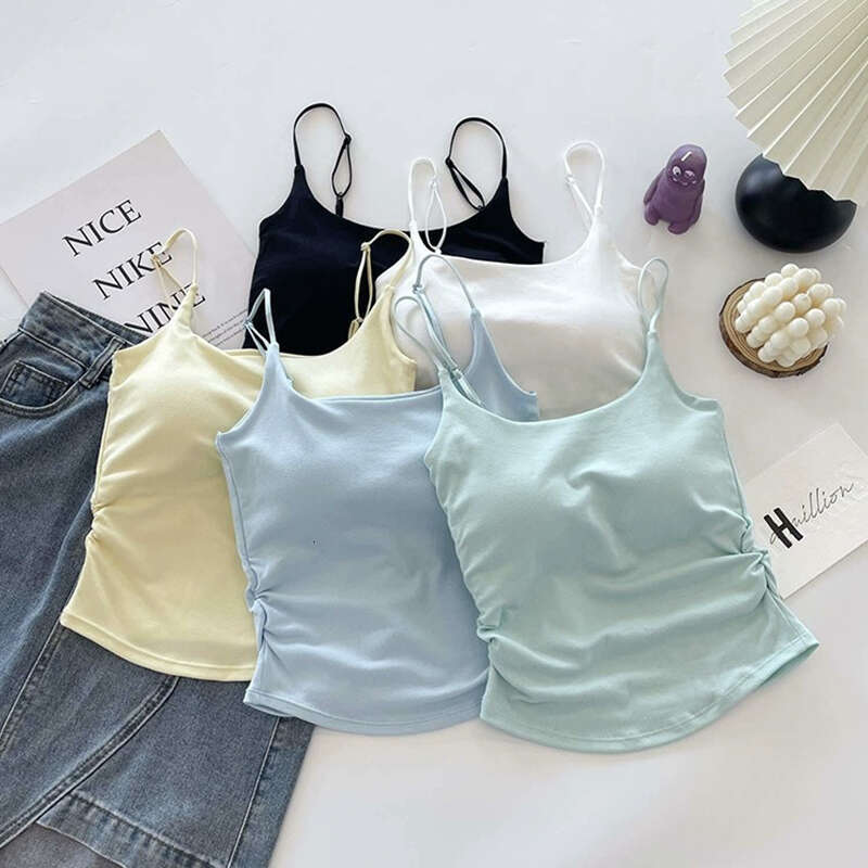 Designer T Shirt Pure Desire Sweet And Spicy Ruched Design Camisole With Chest Pads For Women, Suitable For Layering Or Wearing Alone, Slim Fit And Sl