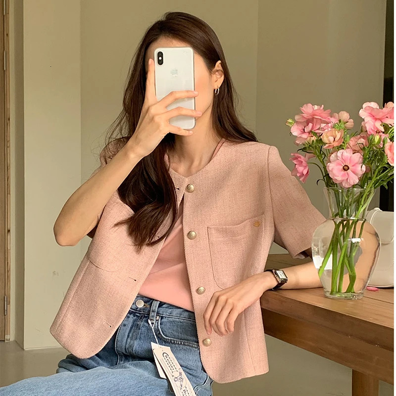 Temperament Suit Jacket Women Summer Single Breasted Slim Short Sleeved Top Harajuku Coat Womens Tweed Pink Shirt w250729