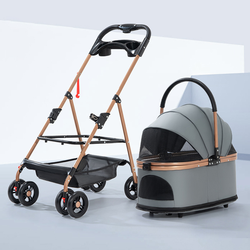 Pet stroller with 4 wheels, foldable pet travel harness, suitable for small/medium-sized dogs and cats, detachable portable pet bag