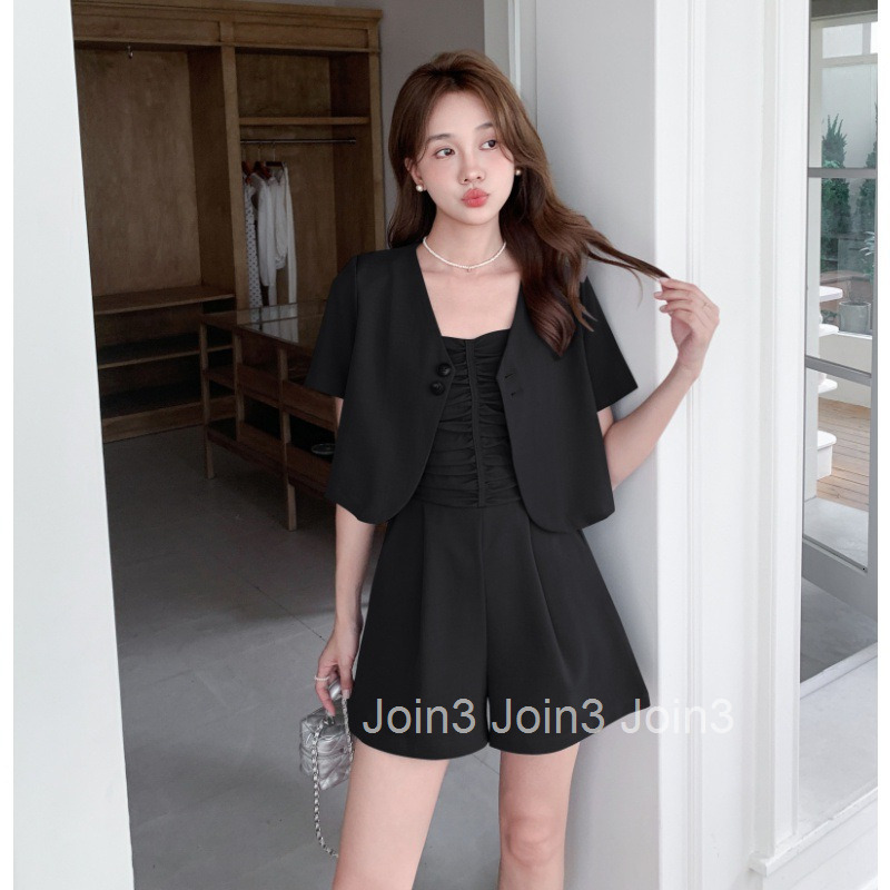Summer New French Style Slimming Thin Short Sleeve Jacket Top + Camisole Jumpsuit Shorts Wide Leg Pants Set for Women