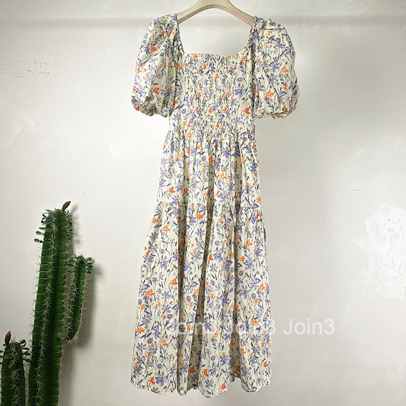 Summer French Fashion Square Neck Waist-Cinching High-Waist Skirt Floral Print Short Sleeve Midi Dress