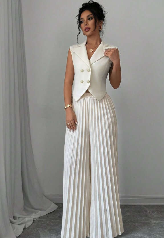 2025 European and American Cross-Border New Fashion Vest Pleated Skirt Pants Set Women's Clothing