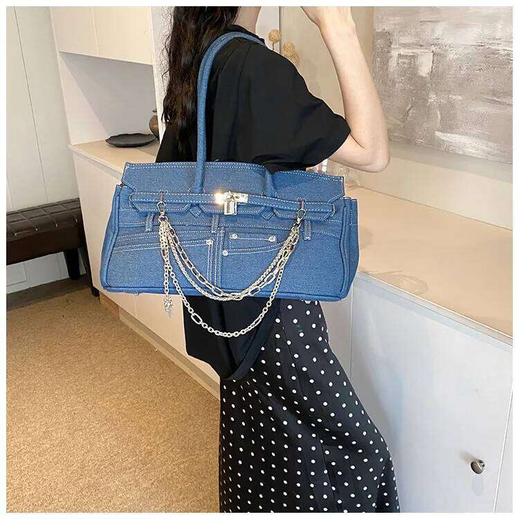 Distressed Jeans Shoulder Bag Grunge DIY Pocket Handbag Hipster Underarm Purse | Casual Streetwear Accessory