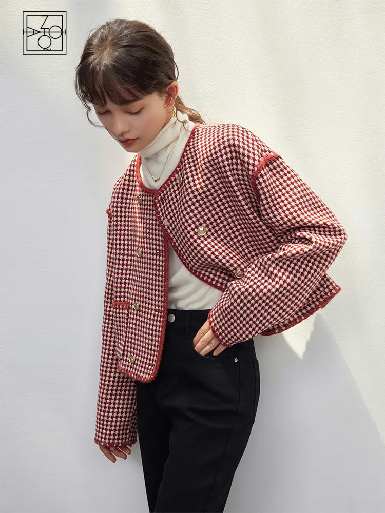 523% Wool Red Plaid n Short Winter Jackets Double Breasted Round Neck Woolen Coats Temperament Coat 250729