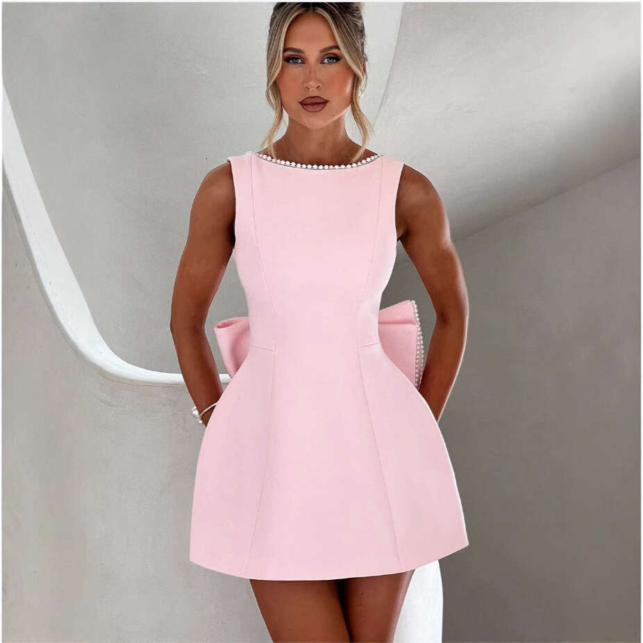 Cross-Border Summer Women's Pearl Bow Fashion Slim Short Backless Hot Girl A-Line Dress
