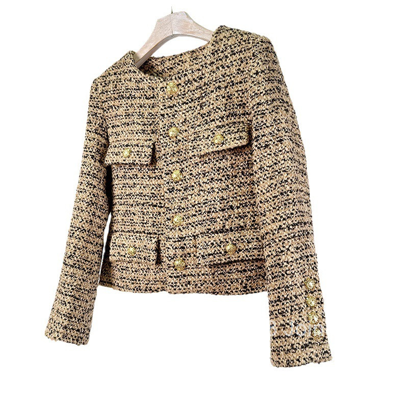 Autumn and Winter New Fashion Black Gold Flower Yarn Round Neck Short Style Tweed Wool Long Sleeve Coat Short Style Women