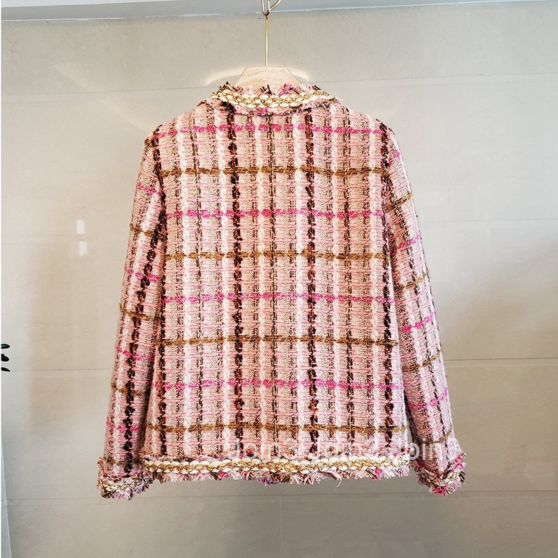 Winter New Small Fragrance Style Round Neck Color-Block Gold Trim Single-Breasted Warm Short Coat for Women Long Sleeve Tweed Coat