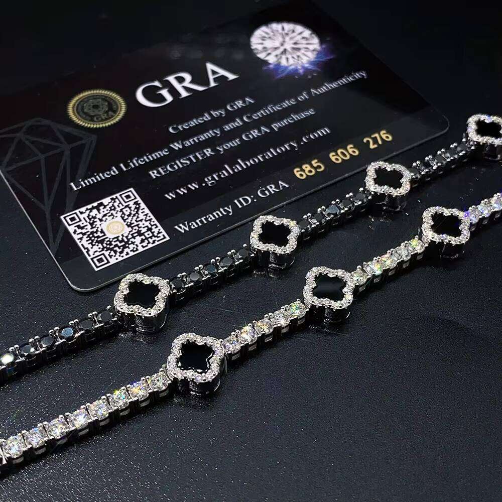 Hot Selling Design Black Clover Chain VVS D Moissanite Sterling Sier Tennis Bracelet 4mm Hip Hop Jewelry