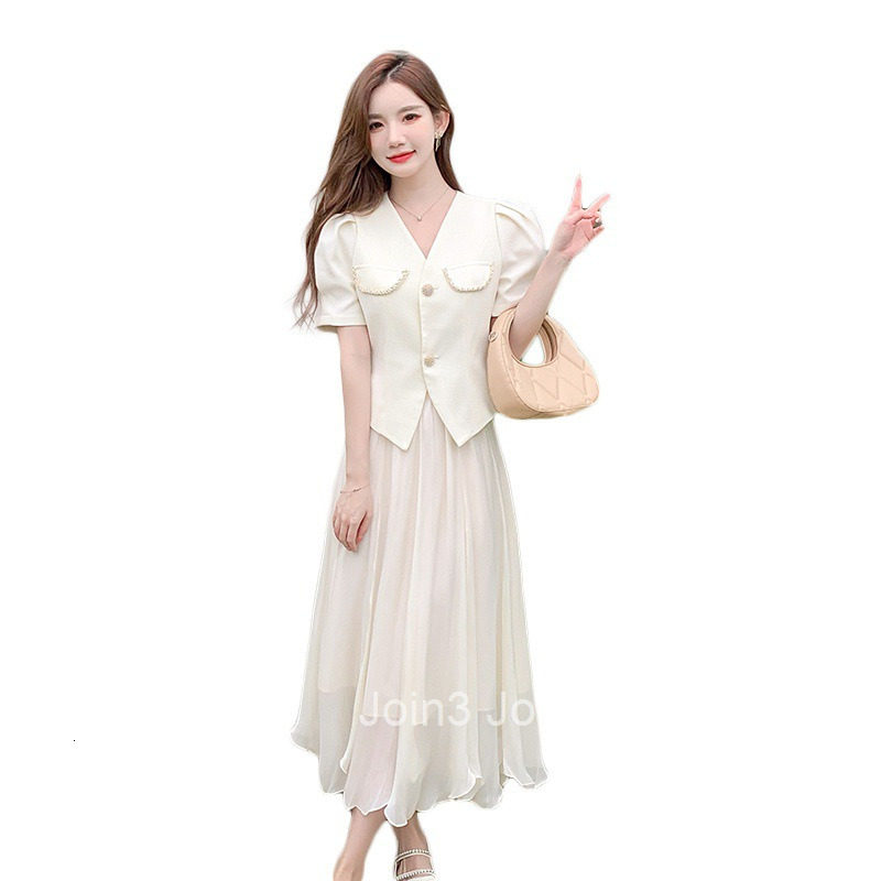New Summer Womens Fashion Elegant Two-Piece Set Short Sleeve Top Shirt + Chiffon Long Skirt Set