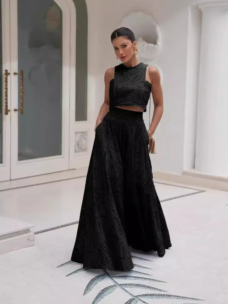 Fashion in Spring Summer Solid Color Round Neck Sleeveless Long Dress Set INS Leisure Resort Loose Twopiece Set 250729