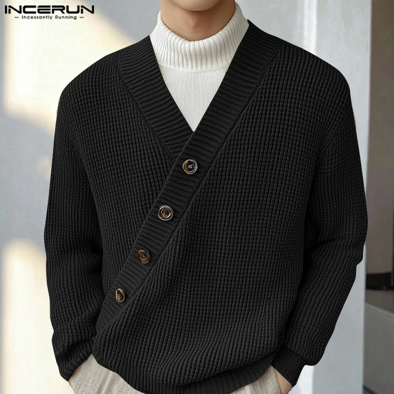 Handsome Well Fitting Tops INCERUN Men Texture Diagonal Sweater Casual Fashion Solid Vneck Long Sleeve S5XL 250729