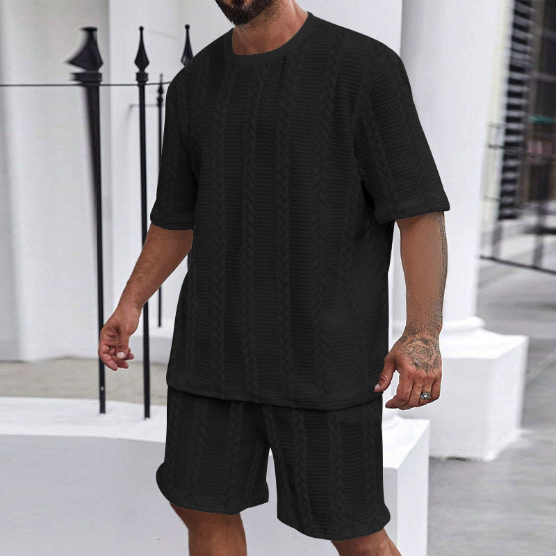Mens Jacquard Knitted Casual Set Summer Special Plus Size T-shirt Short Sleeve Shorts
