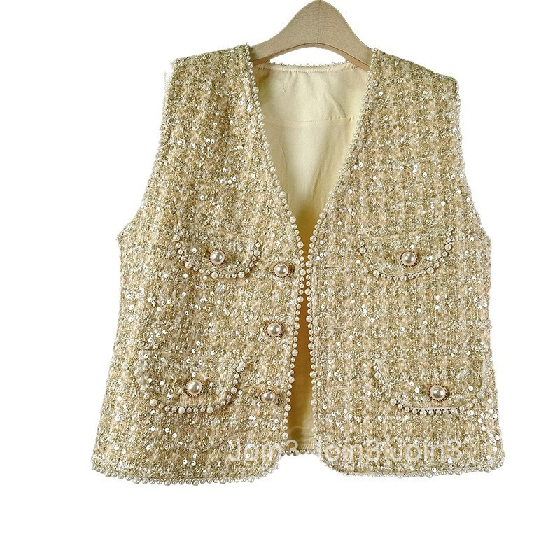Socialite Autumn Winter New Style Heavy Sequins Beaded V-neck Cardigan Vest Jacket Short Womens Top Vest