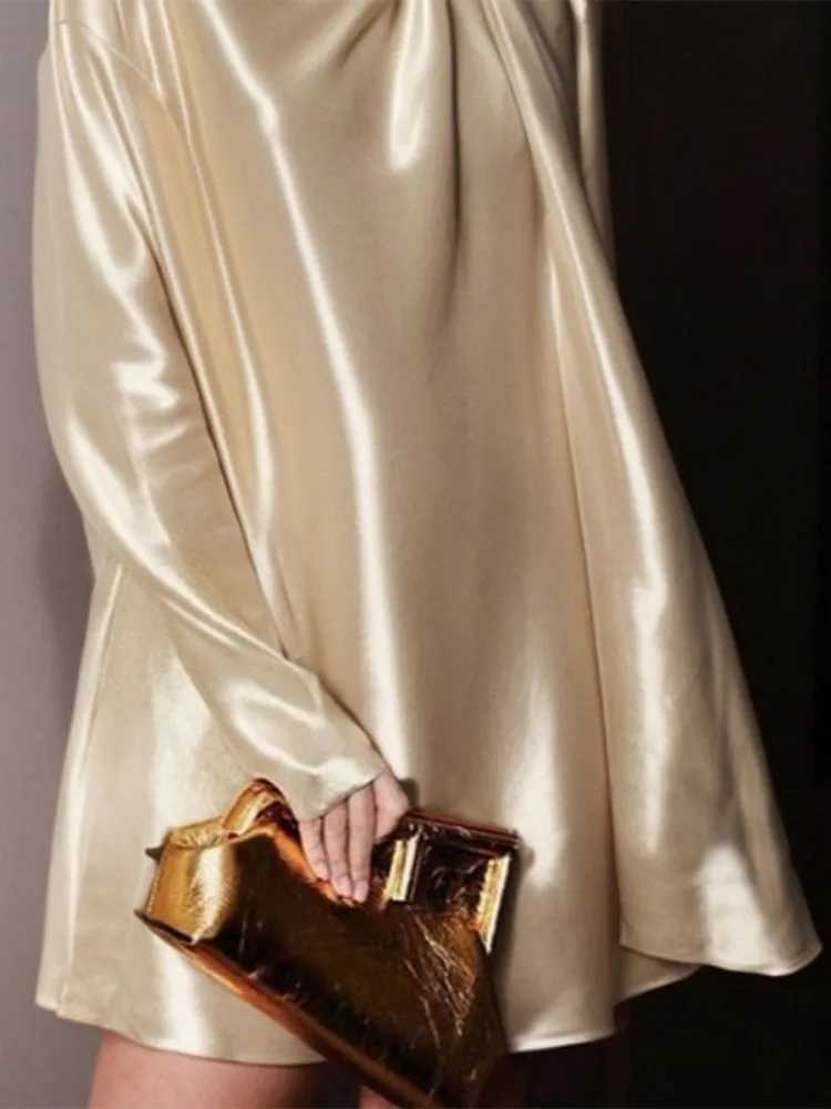 Freeacy 2025 Spring New Womens Long Sleeves Mini Dress High Neck Solid Color Pleated Shiny Party Dress Elegant Evening Dresses Z250728