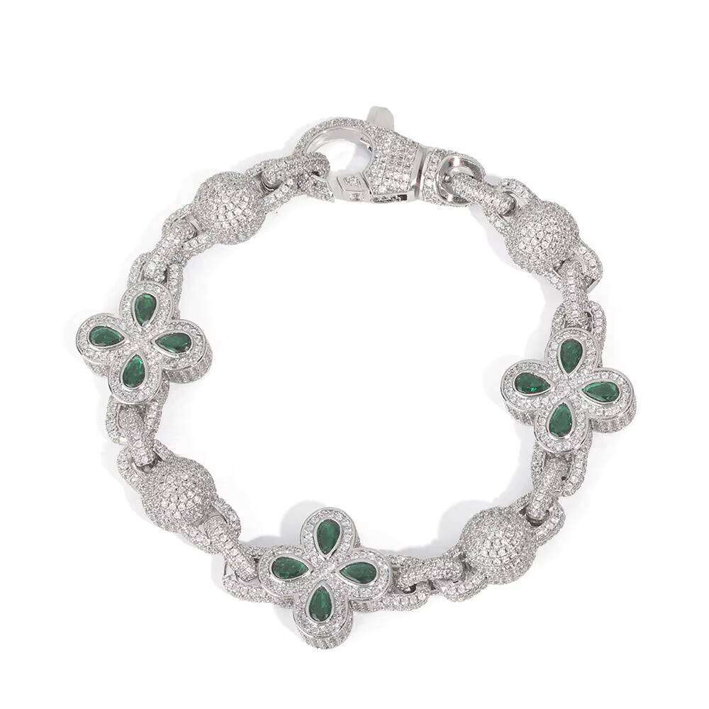 NUOYA Hip Hop Miami Cuban Bracelet Sier Gold Plated Iced Out Flower Cross Four Leaf Clover Dia Chain Jewelry