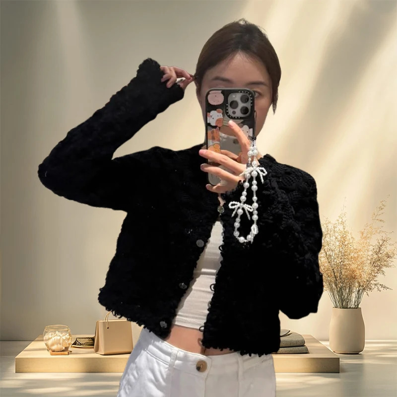 25 Tweed Style Stereo Woven Crochet Cardigan White Moonlight Straight Slim Short Womens Jacket 250729