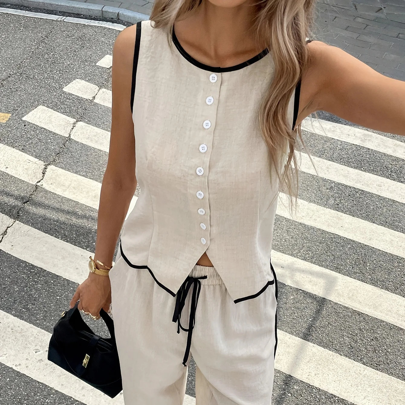 Summer Female Vest Pants Set Solid Sleeveless VNeck Top High Waist Casual Loose Twopiece Office Lady Suit Street 250729