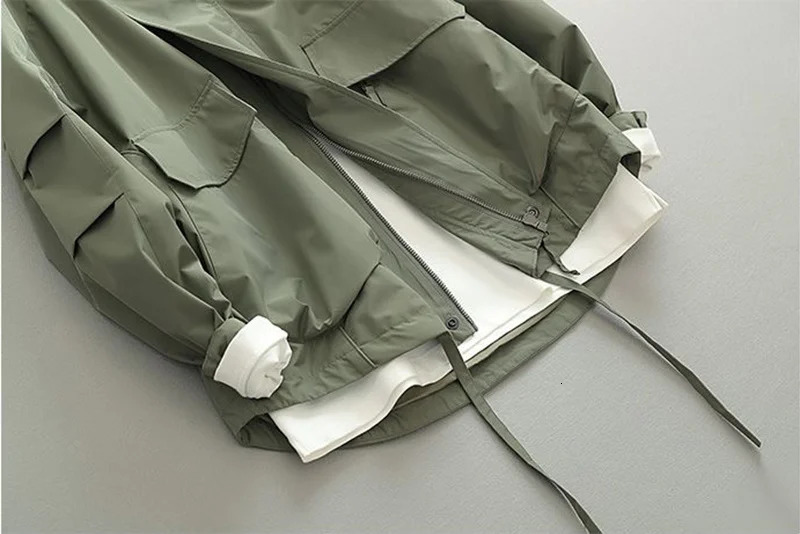 Oversized Army Green Hooded Bomber Jacket Men Women Harajuku Long Sleeve Zipper Solid Cargo Coats Outdoor Loose Autumn Coats 250729