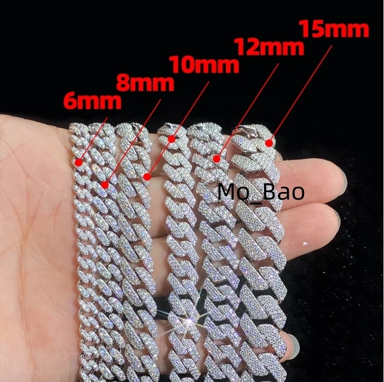 Two-Row 925 Silver Gold-Plated Moissanite Necklace 6mm-15mm Long Stick Shaped Bracelet Hip-hop Style for Men Cuban Mozambique