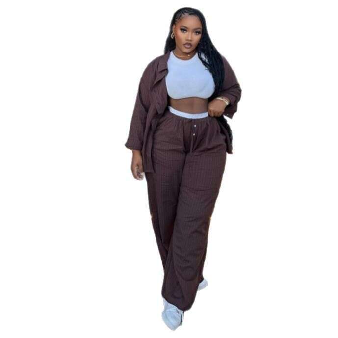 Plus Size Casual High Waist Striped Long Sleeve Cardigan Shirt And Pants Stylish Loose Two-Piece Set For Women B5