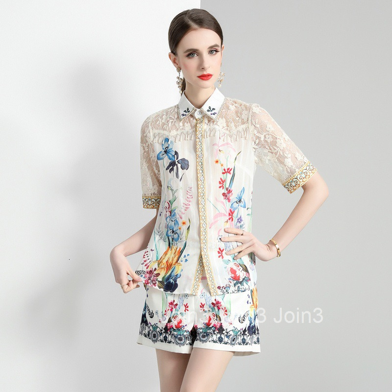 Summer New Plus Size Womens Clothing Printed Lace Patchwork Top Shirt Shorts Fashion Set