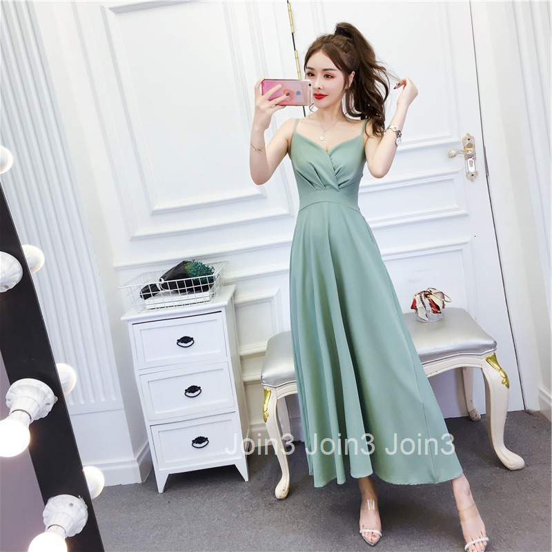 Summer New Fashion Womens Fashion Strap Waist-Cinching Long Dress Large Hem Sleeveless Slim Dress Solid Color