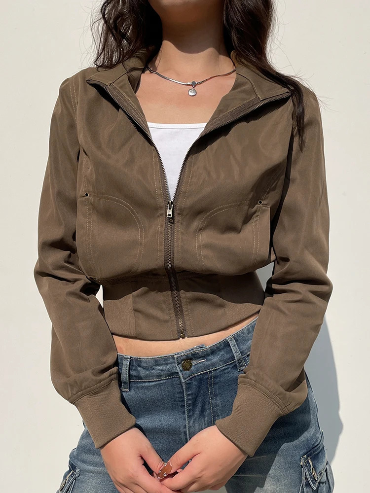 Brown Zip Up Stand Collar Pockets Long Sleeve Cargo Jackets for Women Vintage Casual Streetwear 250729