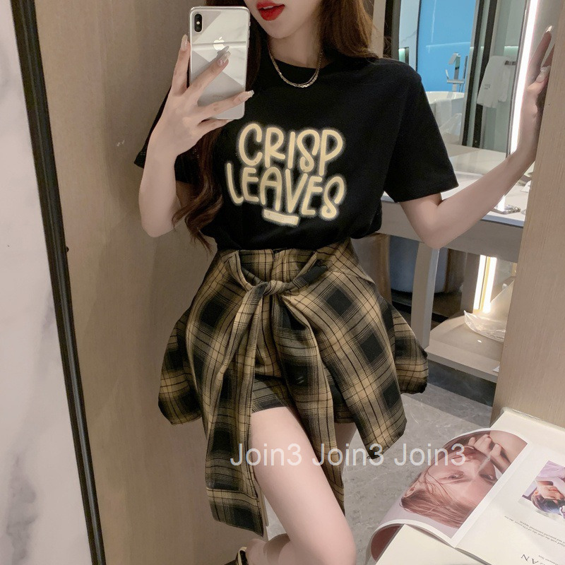 Summer New Two-piece Set Womens Casual Personality Printed Short-sleeved T-shirt + Plaid Shorts Skirt Set Women