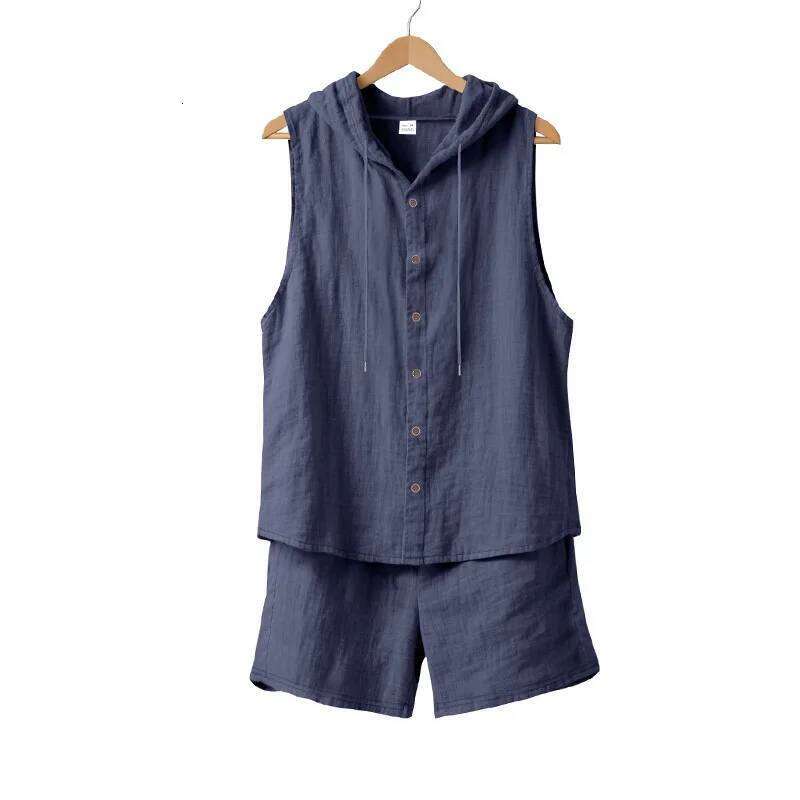 Summer loose-fit linen casual minimalist hooded sleeveless shirt and shorts two-piece set, men's hoodie suit.