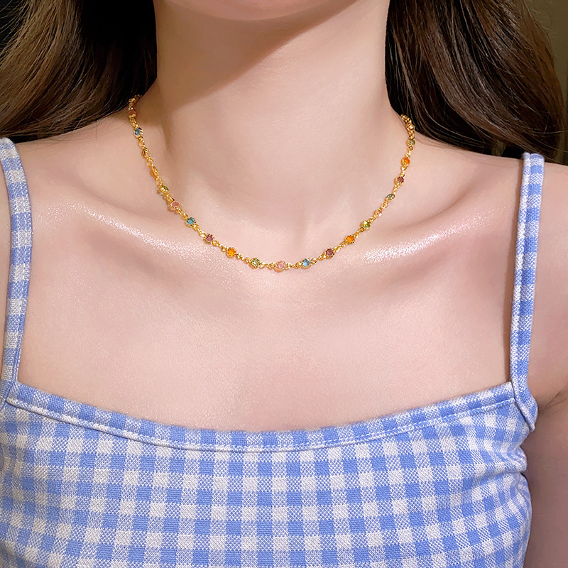 New Dopamine Color Crystal Necklace Niche Design Light High-end Clavicle Chain Elegant Versatile Jewelry Jewelry for Women Jewelry for Women