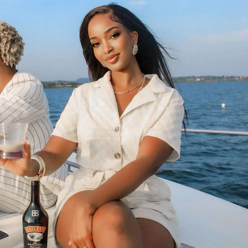 Women's New Fashion Casual Turn-Down Collar Tie Belt Elegant Summer Short-Sleeve Jumpsuit B5