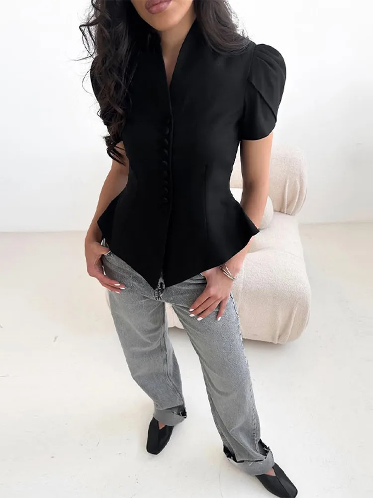 Summer Autumn Elegant Stand Collar Coats for Women Solid Irregular Short Sleeve Slim Waist Buttons Female Blazer Suit Lady Tops 250729