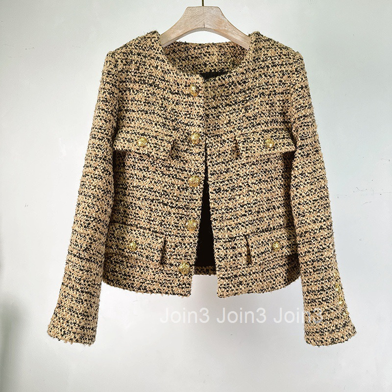 Autumn and Winter New Fashion Black Gold Flower Yarn Round Neck Short Style Tweed Wool Long Sleeve Coat Short Style Women