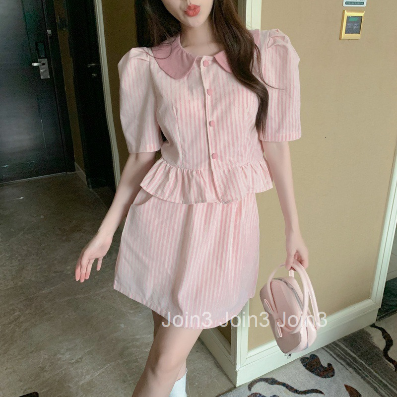 Short Sleeve Top and Short Skirt Summer New Striped Youthful Turn-Down Collar Shirt + Elastic Waist Pocket Short Skirt Set for Women