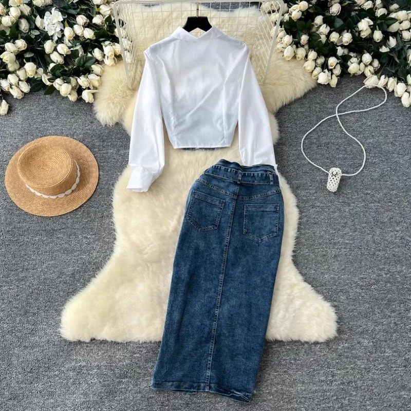 Women 2025 Sets Turn-down Collar Long Sleeve Denim Patchwork Shirts High Waist Bodycon Split Skirt Fashion Casual Suit 250728