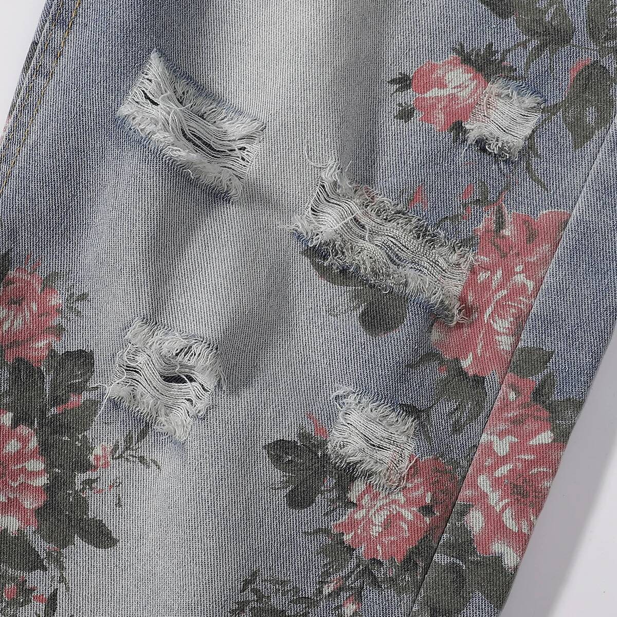 Rose Printed Men's And Women's Straight Wide Leg Denim Ripped Autumn New Vintage Relaxed Fit Jeans Pants S-3Xl