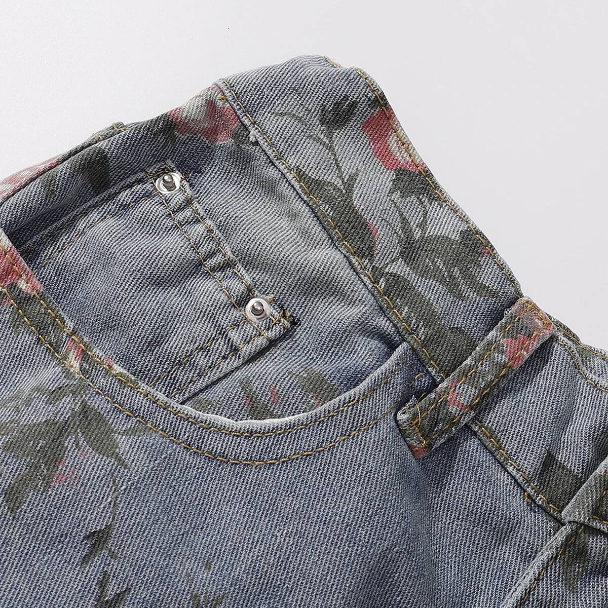 Rose Printed Men's And Women's Straight Wide Leg Denim Ripped Autumn New Vintage Relaxed Fit Jeans Pants S-3Xl